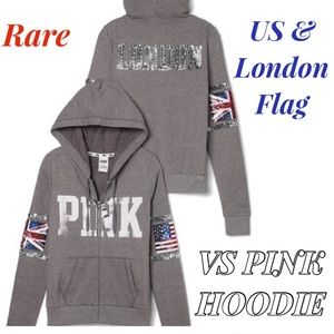 Victoria Secret Pink London American USA Sequin Flags Hoodie Rare HTF